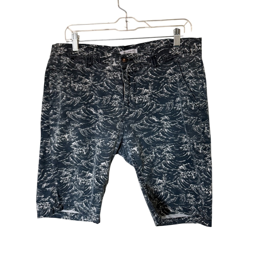 Bellfield Wave Print Chino Shorts Mens 34 Navy Blue Good Great Wave Coastal